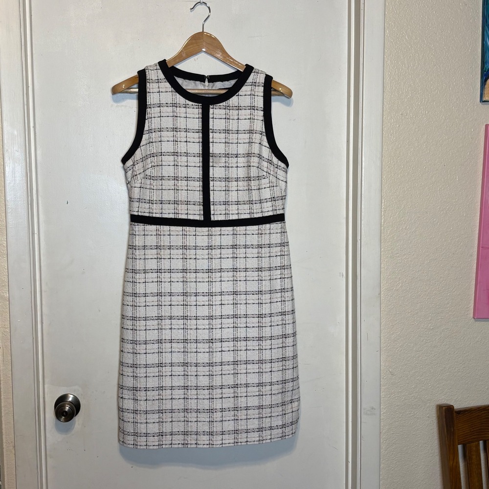 Liz Claiborne Womens Black White Plaid Tweed Sheath Dress Sleeveless Size 10